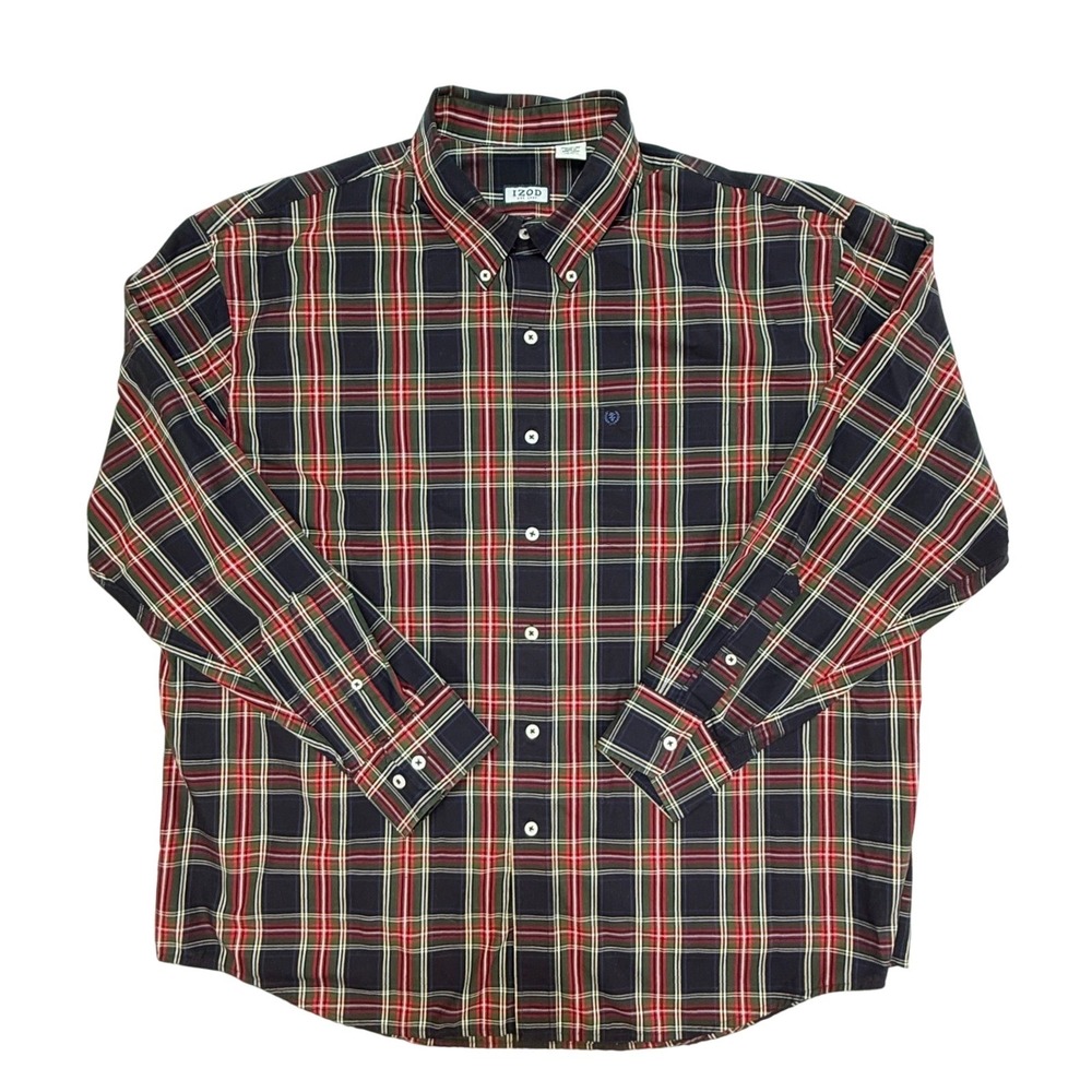 IZOD Mens XXL Plaid Button Down Shirt Long Sleeve Cotton Navy Green Red Tartan